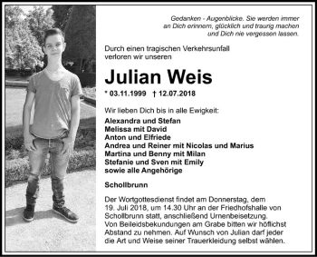 Traueranzeige von Julian Weis von Fränkische Nachrichten