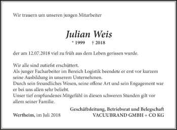 Traueranzeige von Julian Weis von Fränkische Nachrichten