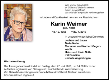 Traueranzeige von Karin Weimer von Fränkische Nachrichten