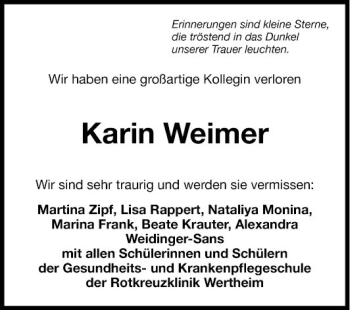 Traueranzeige von Karin Weimer von Fränkische Nachrichten