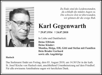 Traueranzeige von Karl Gegenwarth von Fränkische Nachrichten