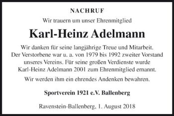 Traueranzeige von Karl-Heinz Adelmann von Fränkische Nachrichten