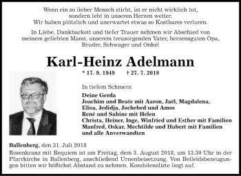 Traueranzeige von Karl-Heinz Adelmann von Fränkische Nachrichten