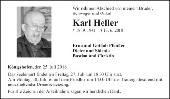 Traueranzeige von Karl Heller von Fränkische Nachrichten