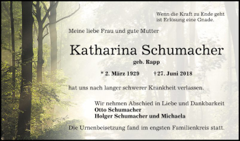 Traueranzeige von Katharina Schumacher von Bergsträßer Anzeiger