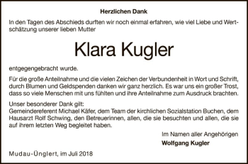 Traueranzeige von Klara Kugler von Fränkische Nachrichten