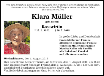 Traueranzeige von Klara Müller von Fränkische Nachrichten