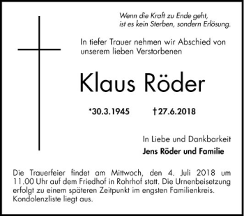 Traueranzeige von Klaus Röder von Mannheimer Morgen