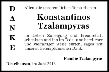 Traueranzeige von Konstantinos Tzalampyras von Fränkische Nachrichten