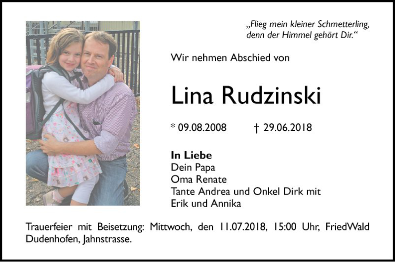  Traueranzeige für Lina Rudzinski vom 07.07.2018 aus Mannheimer Morgen