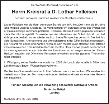 Traueranzeige von Lothar Felleisen von Fränkische Nachrichten