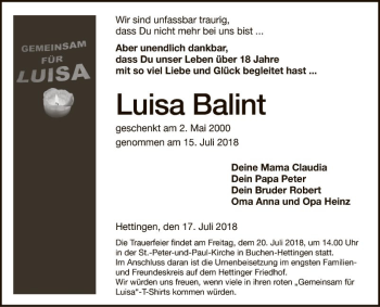 Traueranzeige von Luisa Balint von Fränkische Nachrichten