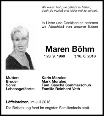 Traueranzeige von Maren Böhm von Fränkische Nachrichten