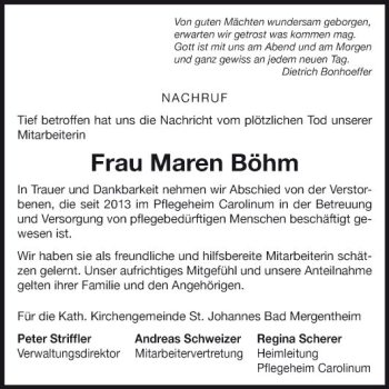 Traueranzeige von Maren Böhm von Fränkische Nachrichten