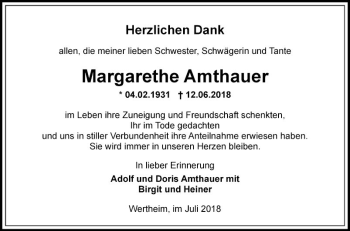 Traueranzeige von Margarethe Amthauer von Fränkische Nachrichten