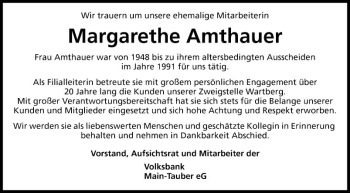 Traueranzeige von Margarethe Amthauer von Fränkische Nachrichten