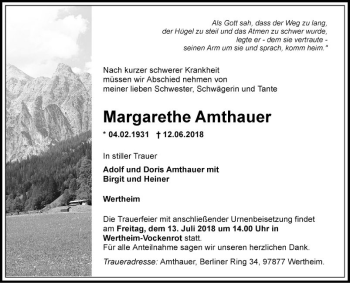 Traueranzeige von Margarethe Amthauer von Fränkische Nachrichten