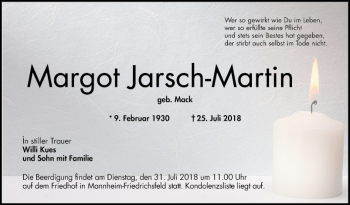 Traueranzeige von Margot Jarsch-Martin von Mannheimer Morgen