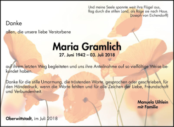 Traueranzeige von Maria Gramlich von Fränkische Nachrichten