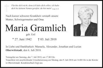 Traueranzeige von Maria Gramlich von Fränkische Nachrichten