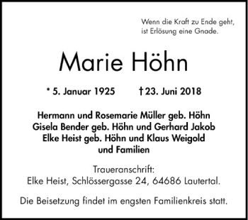 Traueranzeige von Marie Höhn von Bergsträßer Anzeiger