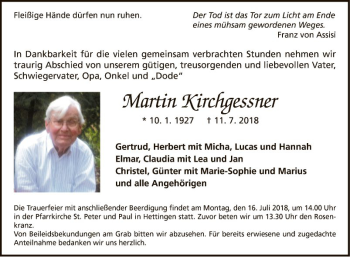 Traueranzeige von Martin Kirchgessner von Fränkische Nachrichten