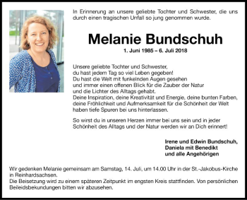 Traueranzeige von Melanie Bundschuh von Fränkische Nachrichten