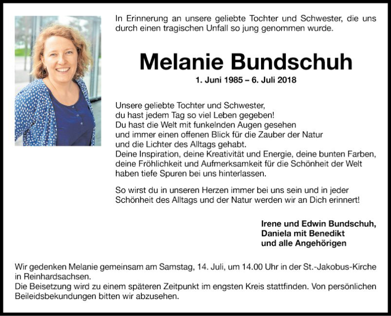  Traueranzeige für Melanie Bundschuh vom 12.07.2018 aus Fränkische Nachrichten