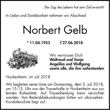 Traueranzeige von Norbert Gelb von Schwetzinger Zeitung