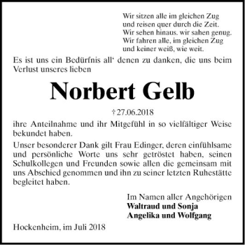 Traueranzeige von Norbert Gelb von Schwetzinger Zeitung