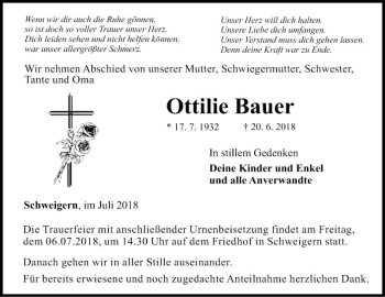 Traueranzeige von Ottilie Bauer von Fränkische Nachrichten