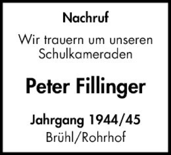 Traueranzeige von Peter Fillinger von Schwetzinger Zeitung