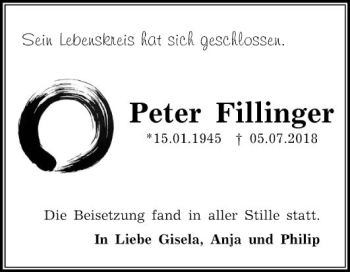 Traueranzeige von Peter Fillinger von Schwetzinger Zeitung