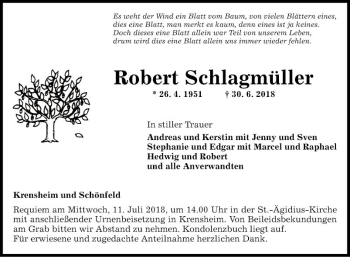 Traueranzeige von Robert Schlagmüller von Fränkische Nachrichten