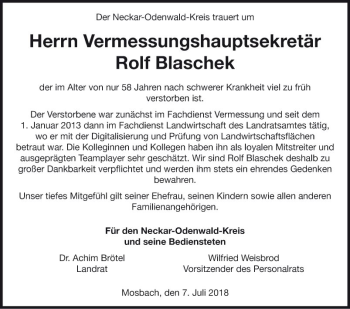 Traueranzeige von Rolf Blaschek von Fränkische Nachrichten