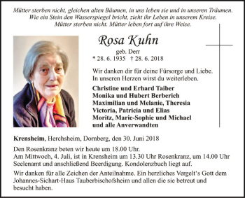 Traueranzeige von Rosa Kuhn von Fränkische Nachrichten