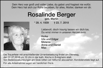 Traueranzeige von Rosalinde Berger von Fränkische Nachrichten