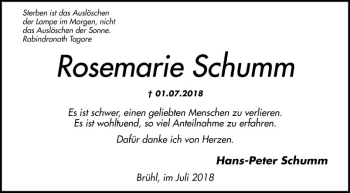 Traueranzeige von Rosemarie Schumm von Schwetzinger Zeitung