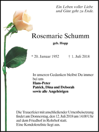 Traueranzeige von Rosemarie Schumm von Schwetzinger Zeitung