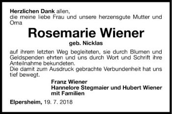 Traueranzeige von Rosemarie Wiener von Fränkische Nachrichten