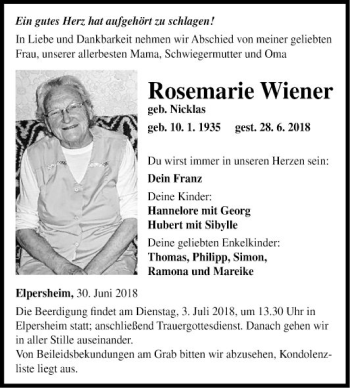 Traueranzeige von Rosemarie Wiener von Fränkische Nachrichten