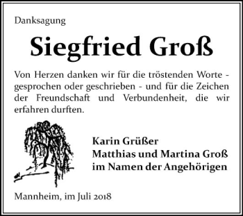 Traueranzeige von Siegfried Groß von Mannheimer Morgen