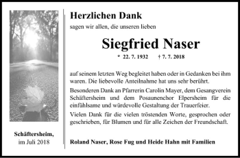 Traueranzeige von Siegfried Naser von Fränkische Nachrichten