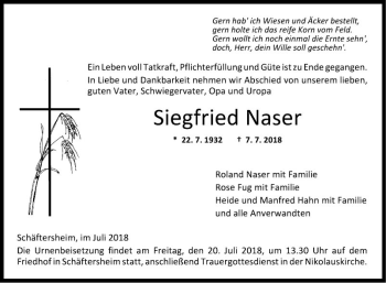 Traueranzeige von Siegfried Naser von Fränkische Nachrichten