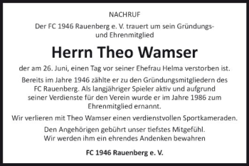 Traueranzeige von Theo Wamser von Fränkische Nachrichten