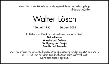 Traueranzeige von Walter Lösch von Mannheimer Morgen