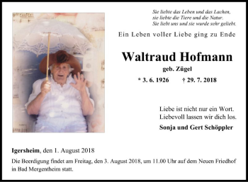 Traueranzeige von Waltraud Hofmann von Fränkische Nachrichten