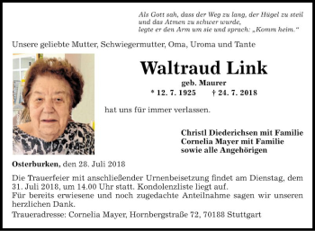 Traueranzeige von Waltraud Link von Fränkische Nachrichten