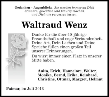 Traueranzeige von Waltraud Wenz von Fränkische Nachrichten