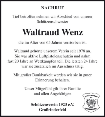 Traueranzeige von Waltraud Wenz von Fränkische Nachrichten